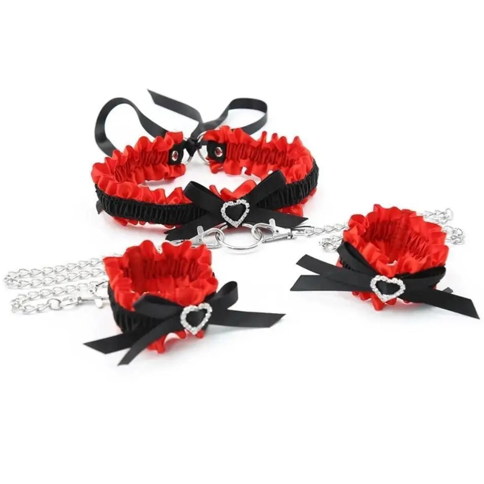 Luxurious Red and Black Rhinestone Collar Set with Handcuffs - Cosparty