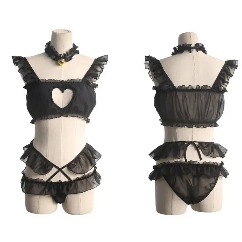Luxurious Ruffled Lace Lingerie Set with Harness and Heart Cutout - Cosparty