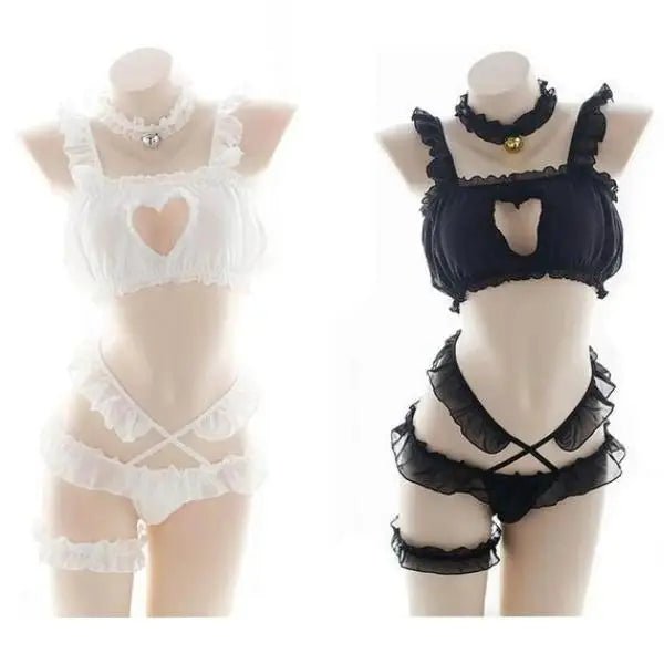 Luxurious Ruffled Lace Lingerie Set with Harness and Heart Cutout - Cosparty