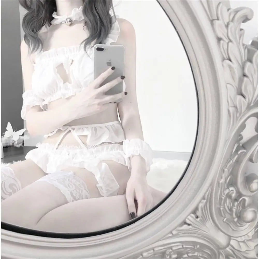 Luxurious Ruffled Lace Lingerie Set with Harness and Heart Cutout - Cosparty