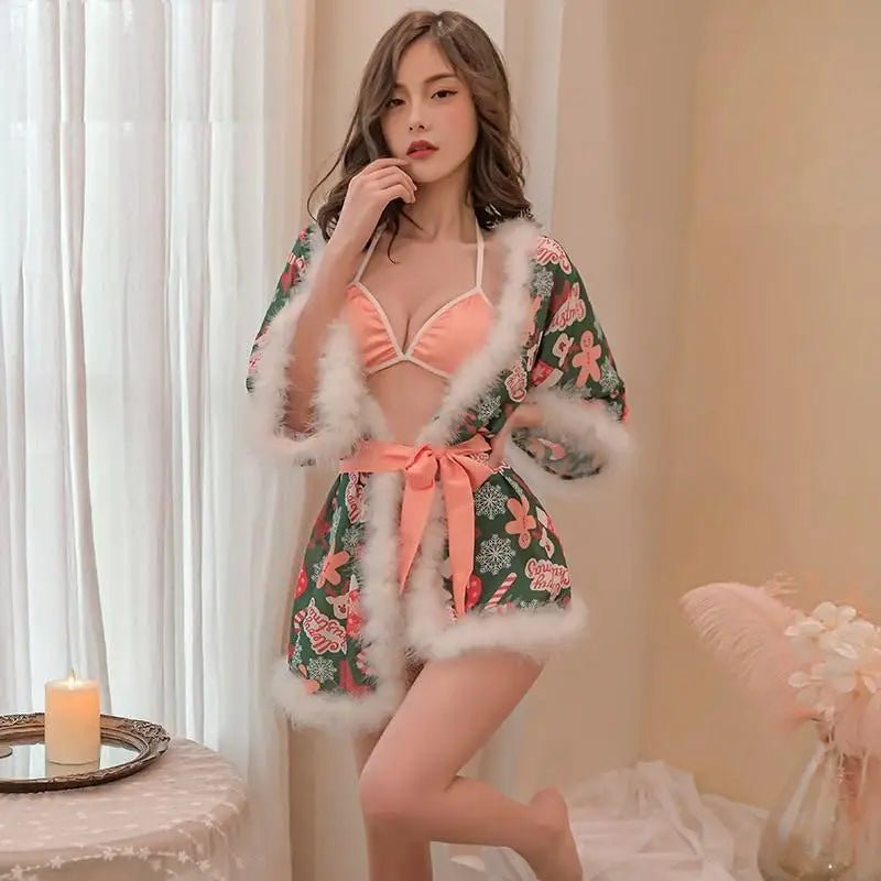 Luxury Holiday Robe and Lingerie Set with Faux Fur Trim - Cosparty