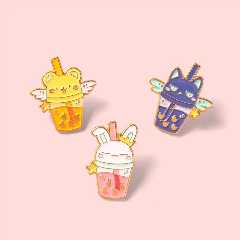 Magical Animal Boba Enamel Pins for Anime and Bubble Tea Fans - Cosparty