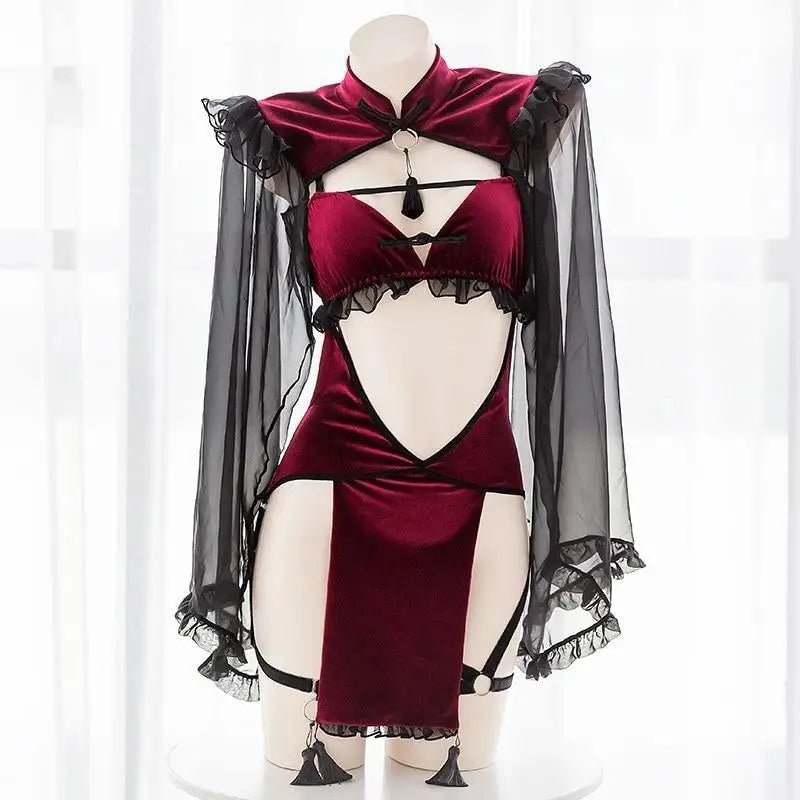 Majestic Priestess Cosplay Lingerie Set in Red Velvet - Cosparty