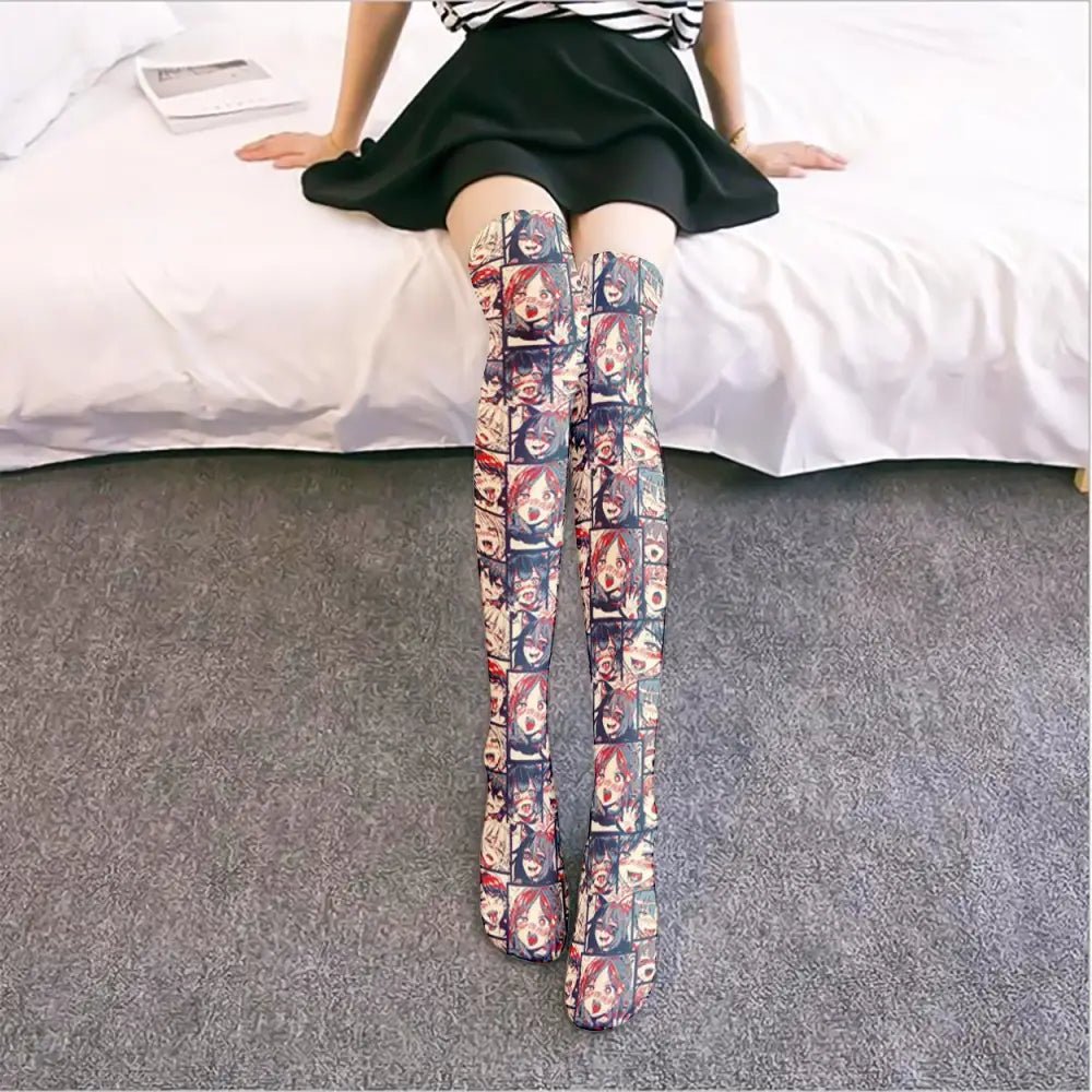 Manga Inspired Ahegao Face Thigh - High Stockings for Otaku - Cosparty
