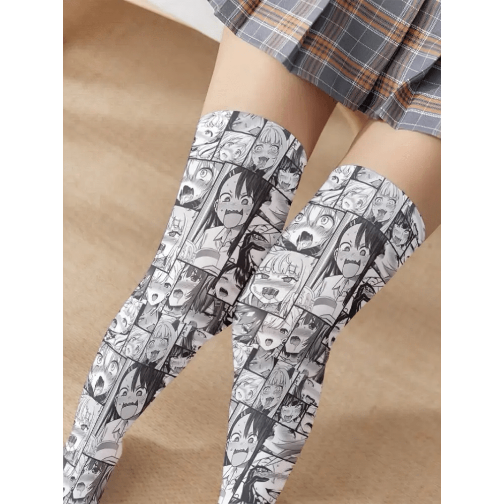 Manga Inspired Ahegao Face Thigh - High Stockings for Otaku - Cosparty