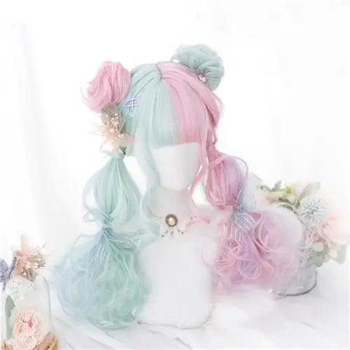 Mint Green and Pastel Pink Long Wavy Lolita Wig - Cosparty