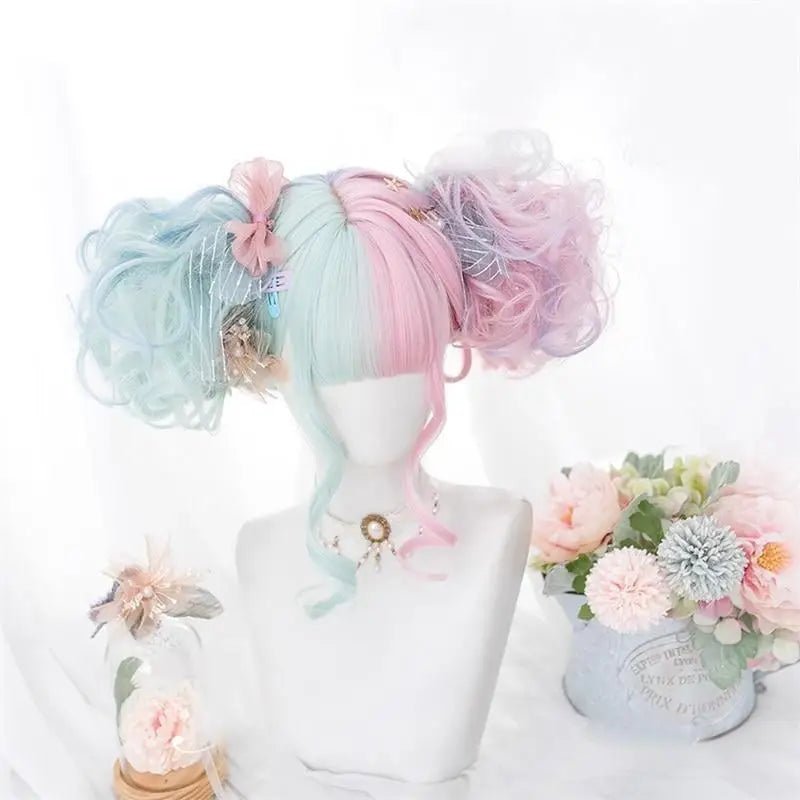 Mint Green and Pastel Pink Long Wavy Lolita Wig - Cosparty
