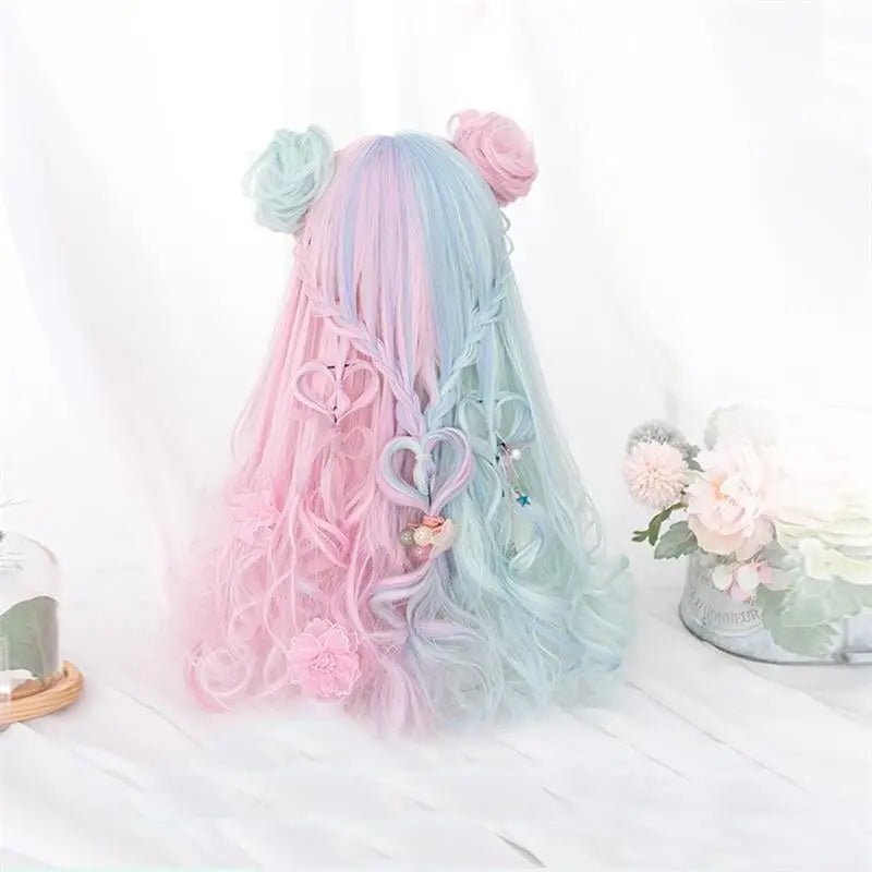Mint Green and Pastel Pink Long Wavy Lolita Wig - Cosparty
