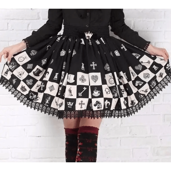 Monochrome Checkerboard Lolita Skirt Inspired by Blackjack and Chess - Cosparty