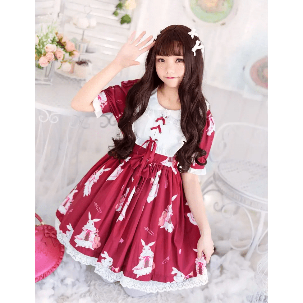 Musical Bunny Printed Lolita Dress in Red Wine Instock - Cosparty