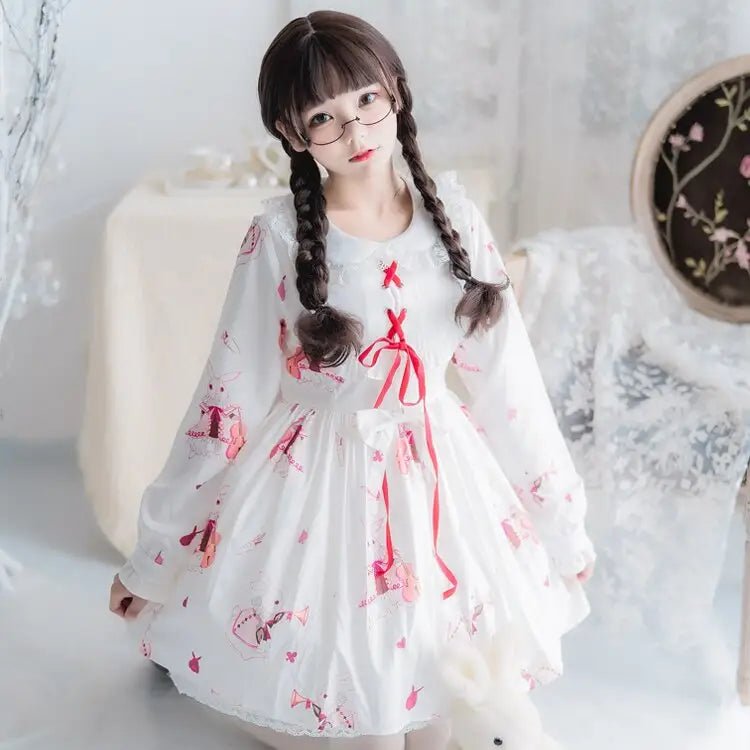 Musical Bunny Printed Lolita Dress in Red Wine Instock - Cosparty