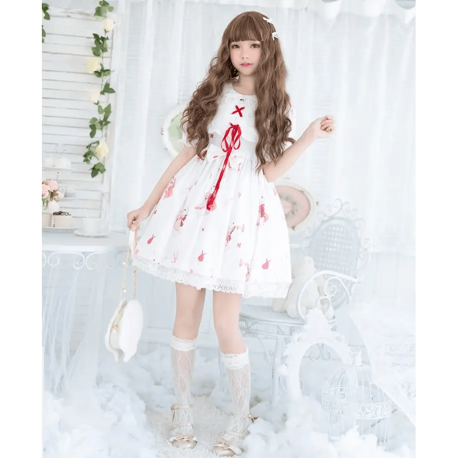 Musical Bunny Printed Lolita Dress in Red Wine Instock - Cosparty