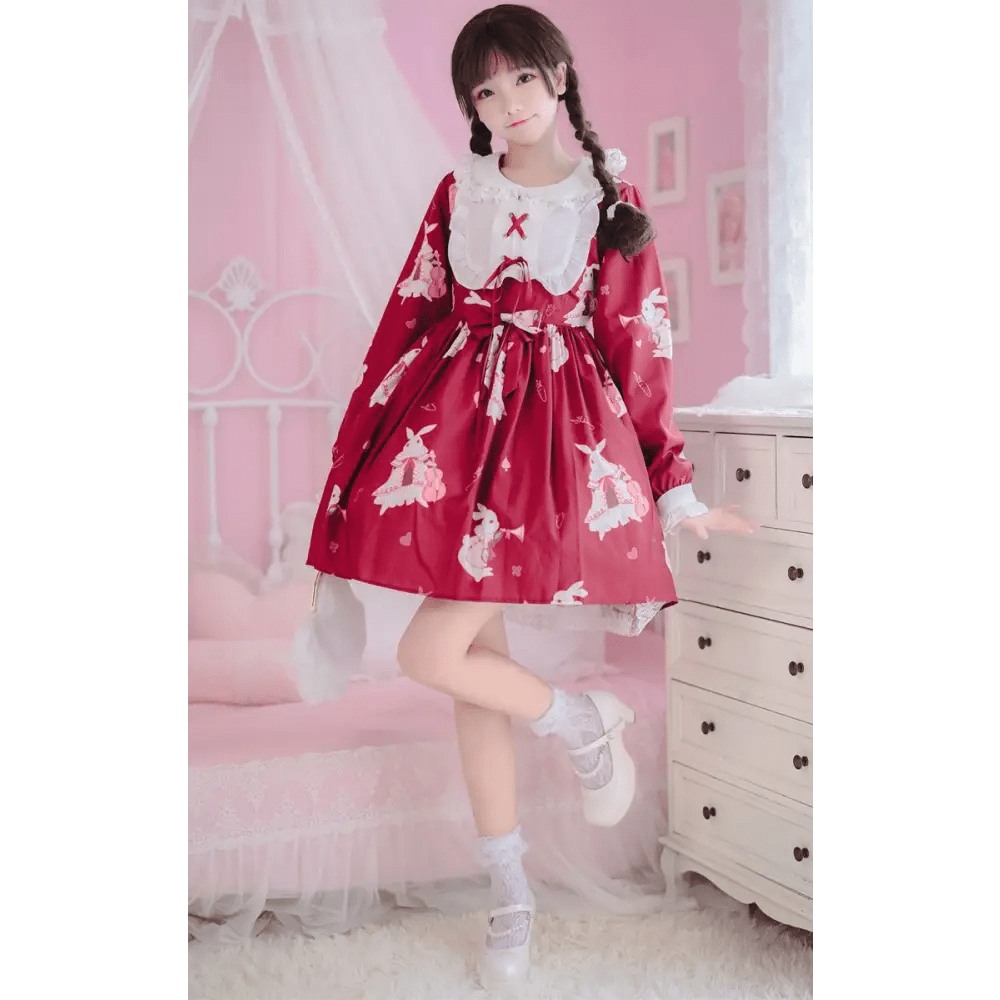 Musical Bunny Printed Lolita Dress in Red Wine Instock - Cosparty
