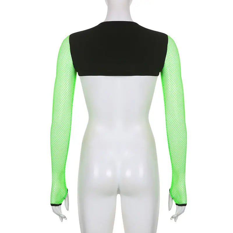 Neon Green Butterfly Crop Top with Mesh Long Sleeves - Cosparty