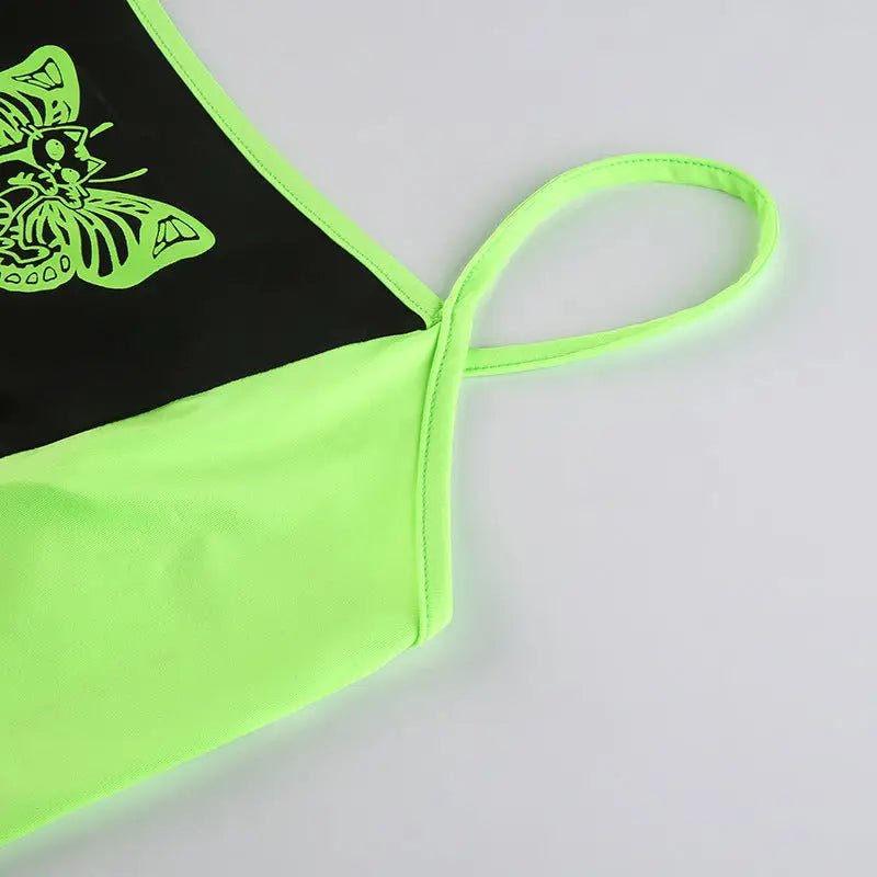 Neon Green Butterfly Crop Top with Mesh Long Sleeves - Cosparty