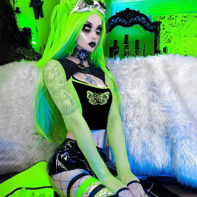 Neon Green Butterfly Crop Top with Mesh Long Sleeves - Cosparty