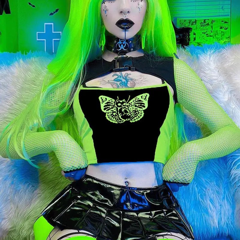 Neon Green Butterfly Crop Top with Mesh Long Sleeves - Cosparty