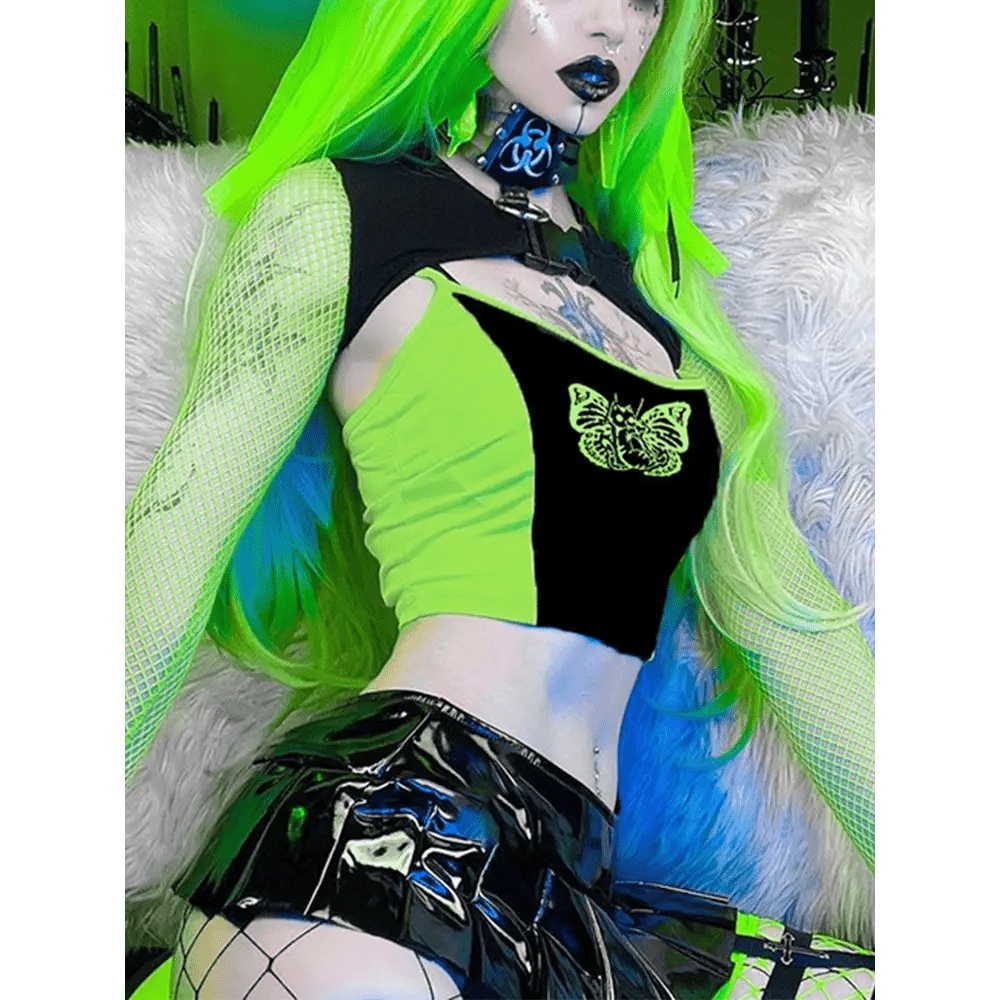 Neon Green Butterfly Crop Top with Mesh Long Sleeves - Cosparty