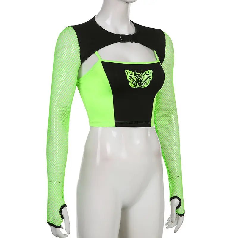 Neon Green Butterfly Crop Top with Mesh Long Sleeves - Cosparty