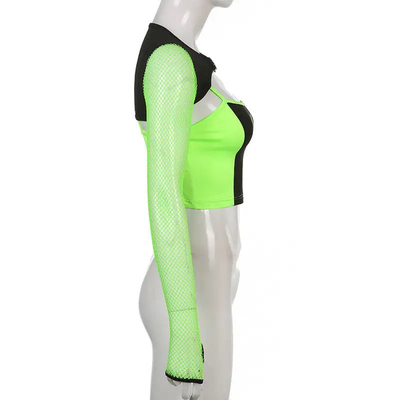 Neon Green Butterfly Crop Top with Mesh Long Sleeves - Cosparty