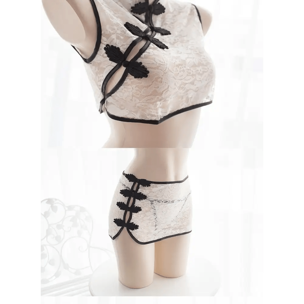 Oriental Inspired Lingerie Set with Lace and Asymmetrical Fastenings - Cosparty