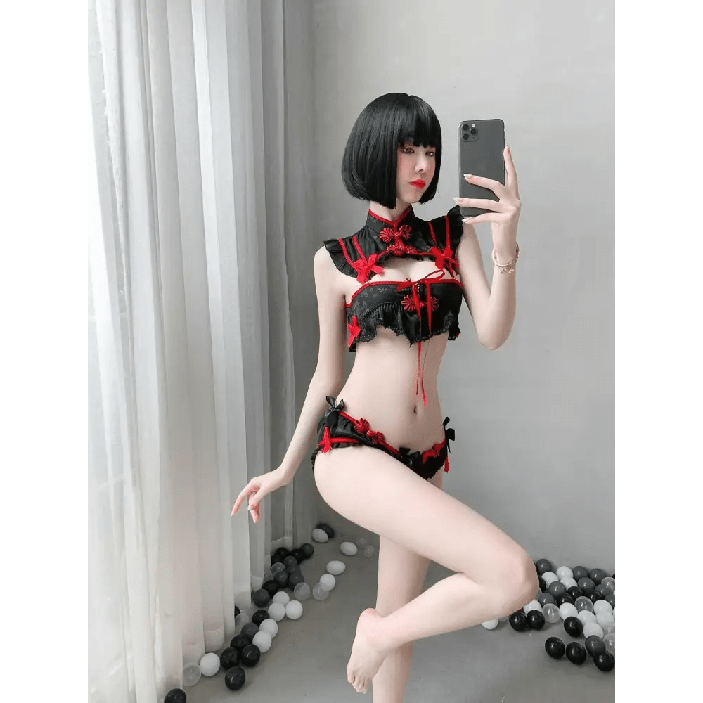Oriental Inspired Lingerie Set with Ruffled Lace and Red Trim - Cosparty