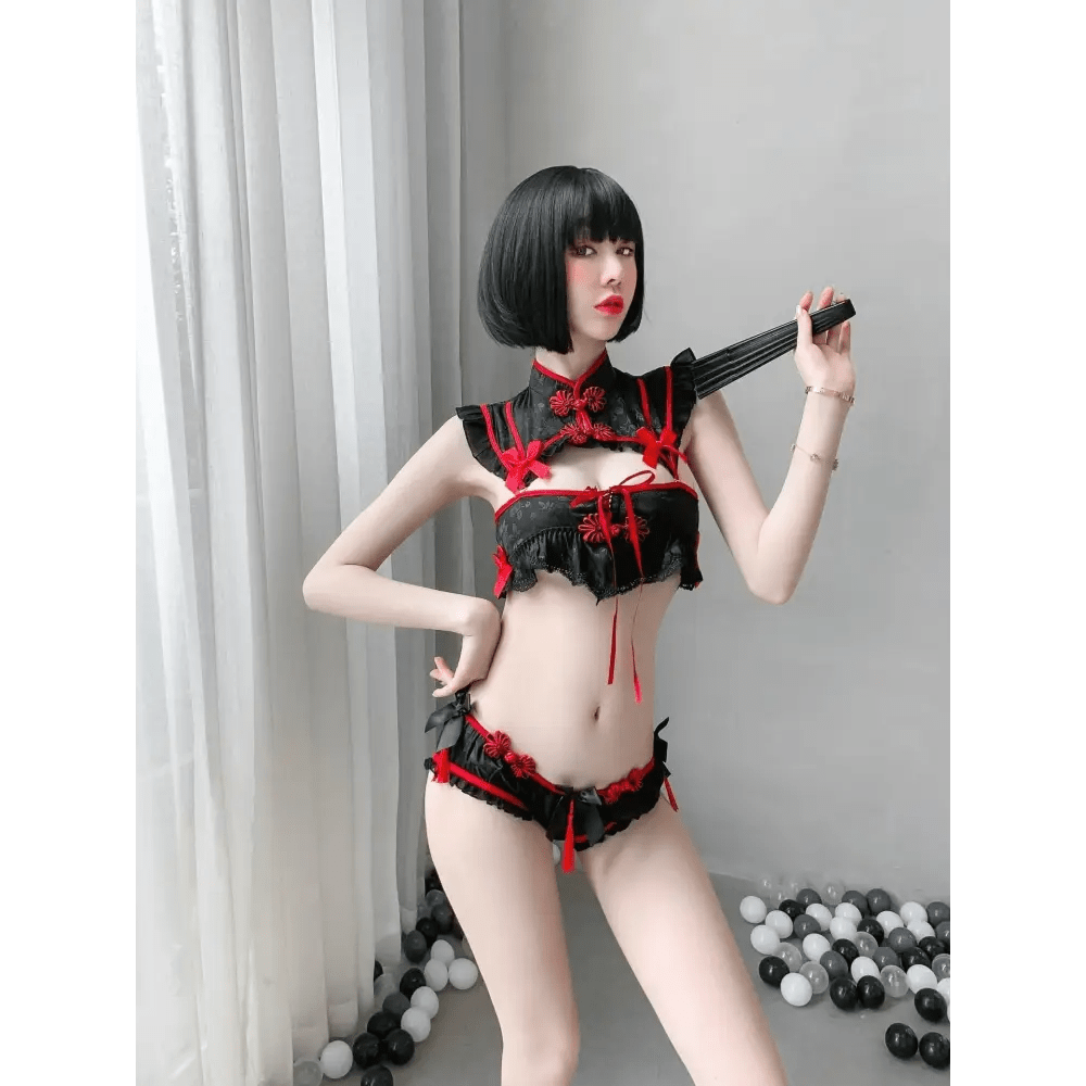 Oriental Inspired Lingerie Set with Ruffled Lace and Red Trim - Cosparty