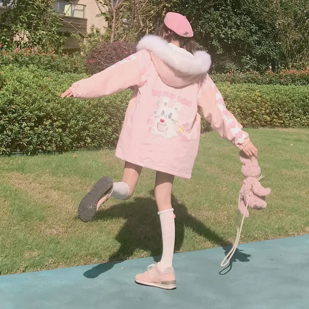 Pastel Bunny Rabbit Winter Jacket with Faux - Fur Hood - Cosparty