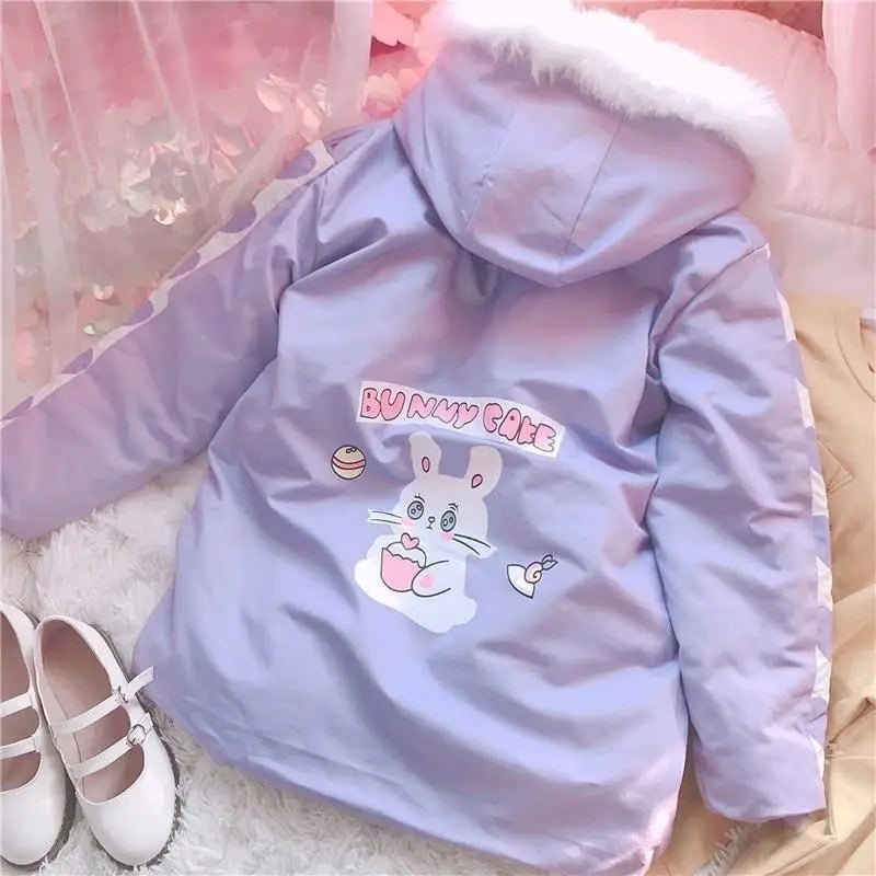Pastel Bunny Rabbit Winter Jacket with Faux - Fur Hood - Cosparty