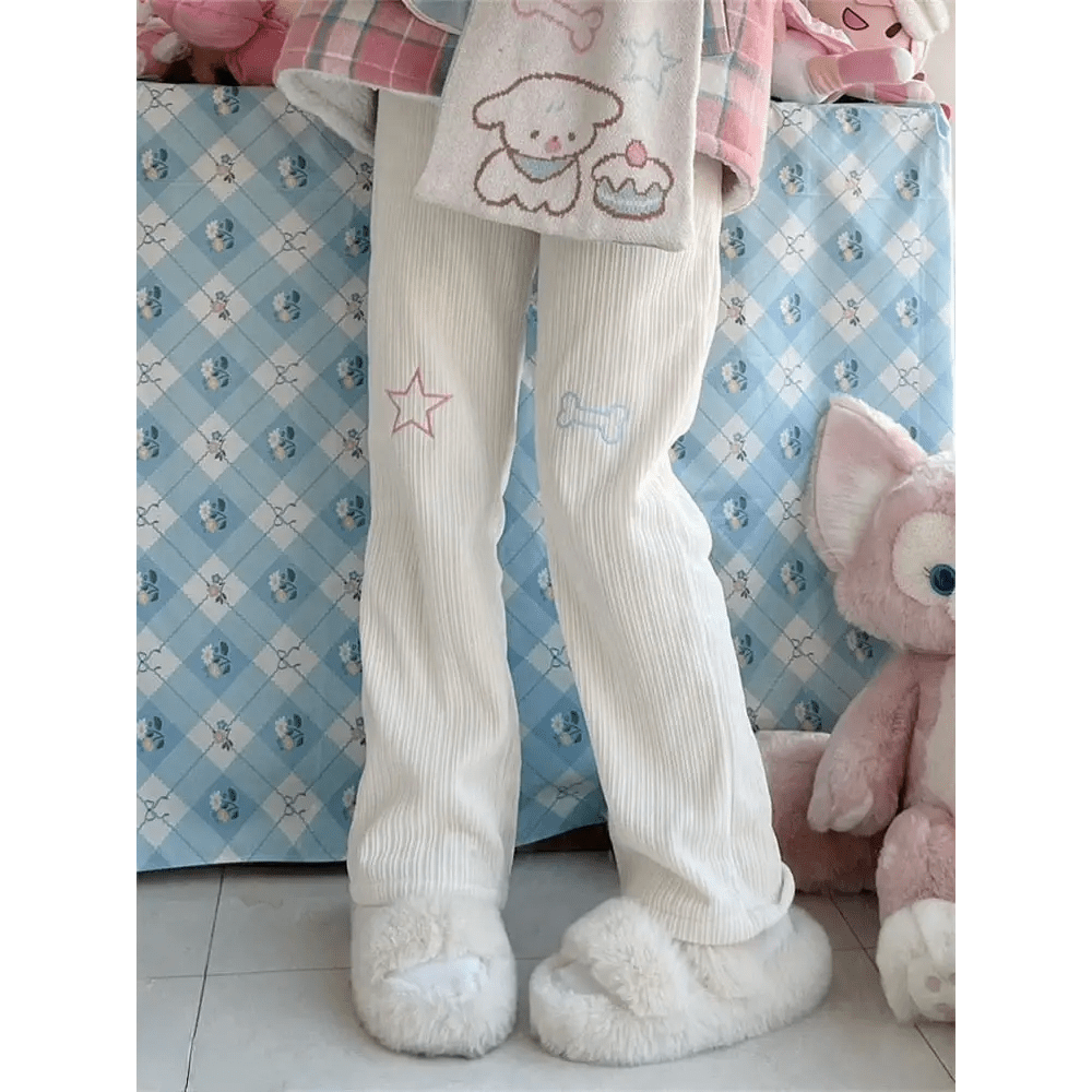 Pastel Candy Colored Kawaii Pants with Embroidered Star and Bone - Cosparty