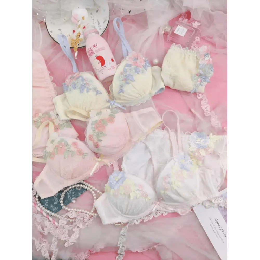 Pastel Floral Embroidered Lingerie Set for Kawaii Fashion Lovers - Cosparty