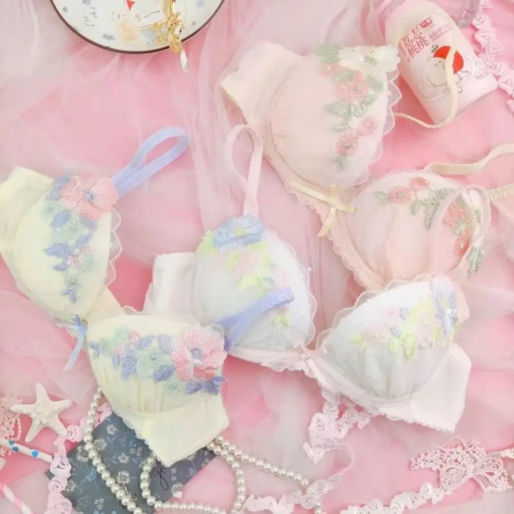 Pastel Floral Embroidered Lingerie Set for Kawaii Fashion Lovers - Cosparty