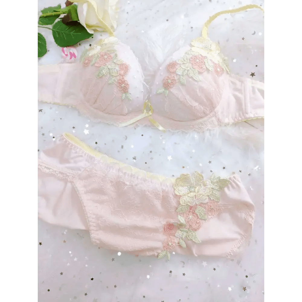 Pastel Floral Embroidered Lingerie Set for Kawaii Fashion Lovers - Cosparty