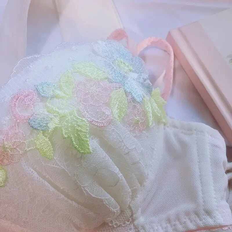 Pastel Floral Embroidered Lingerie Set for Kawaii Fashion Lovers - Cosparty