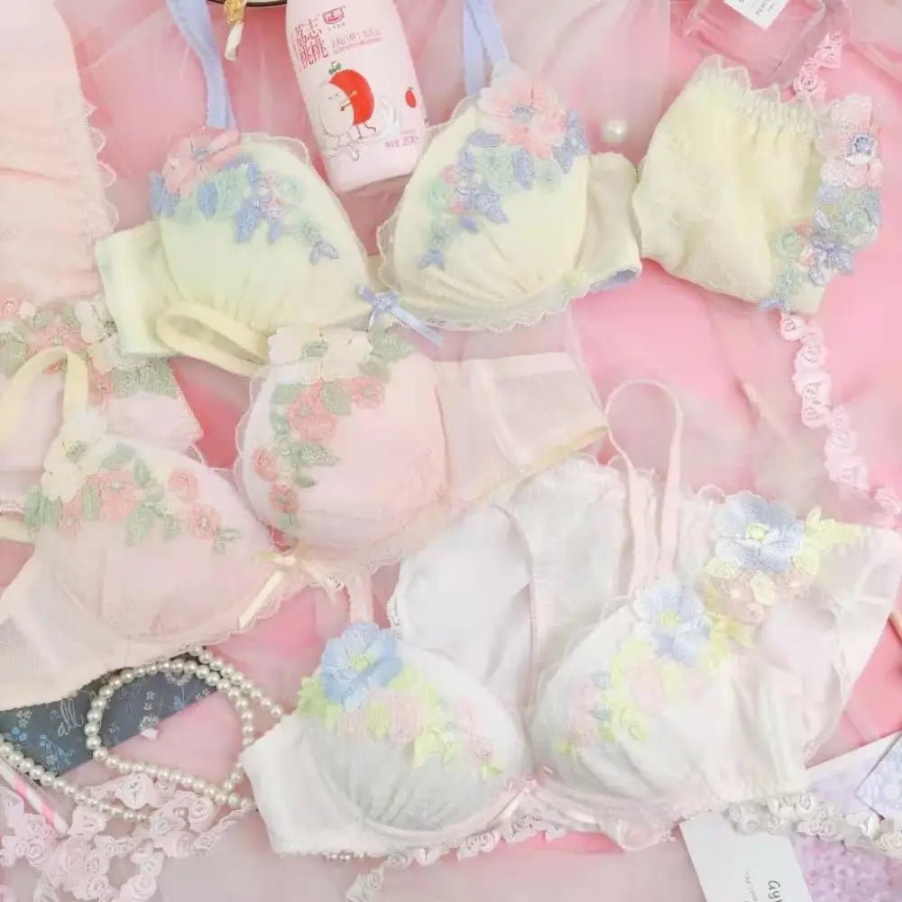 Pastel Floral Embroidered Lingerie Set for Kawaii Fashion Lovers - Cosparty