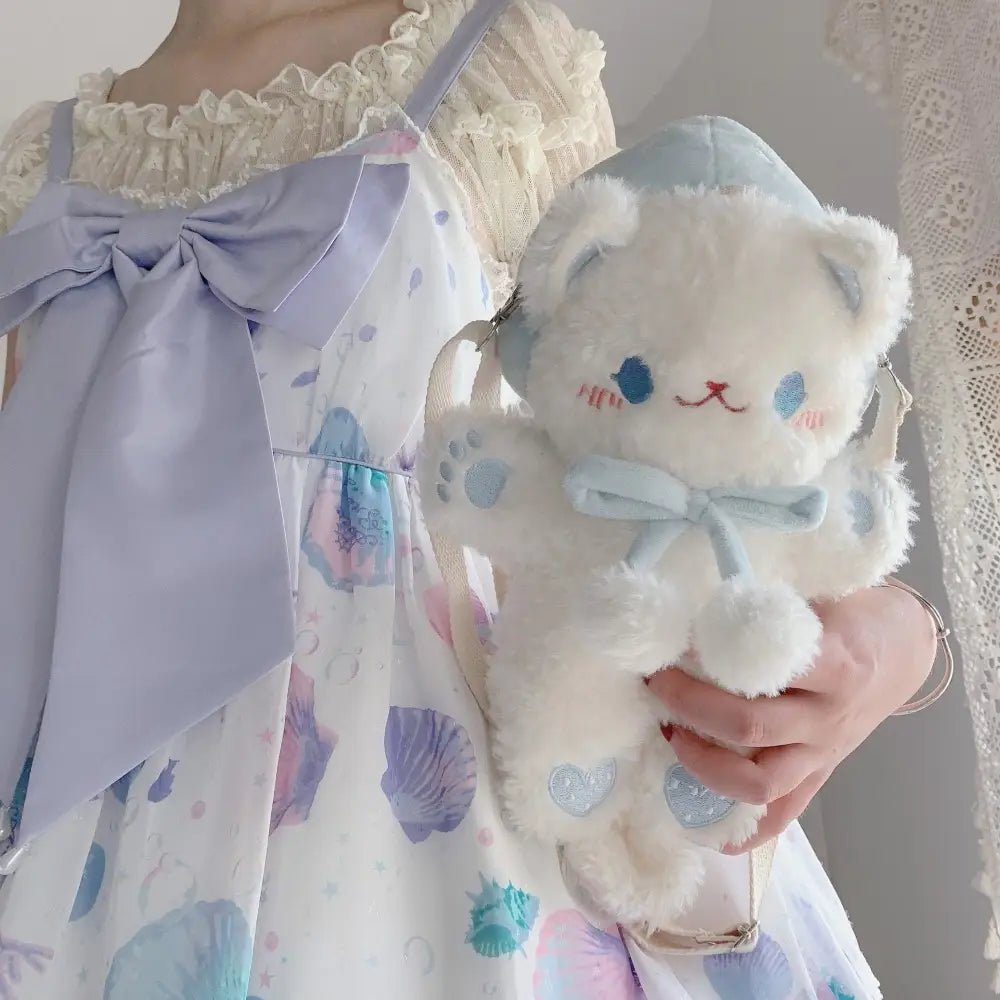 Pastel Furry Kitten Backpack with Hand Embroidered Paws - Cosparty