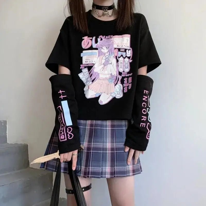 Pastel Goth Oversized E - Girl Crop Top with Stunning Artistic Details - Cosparty