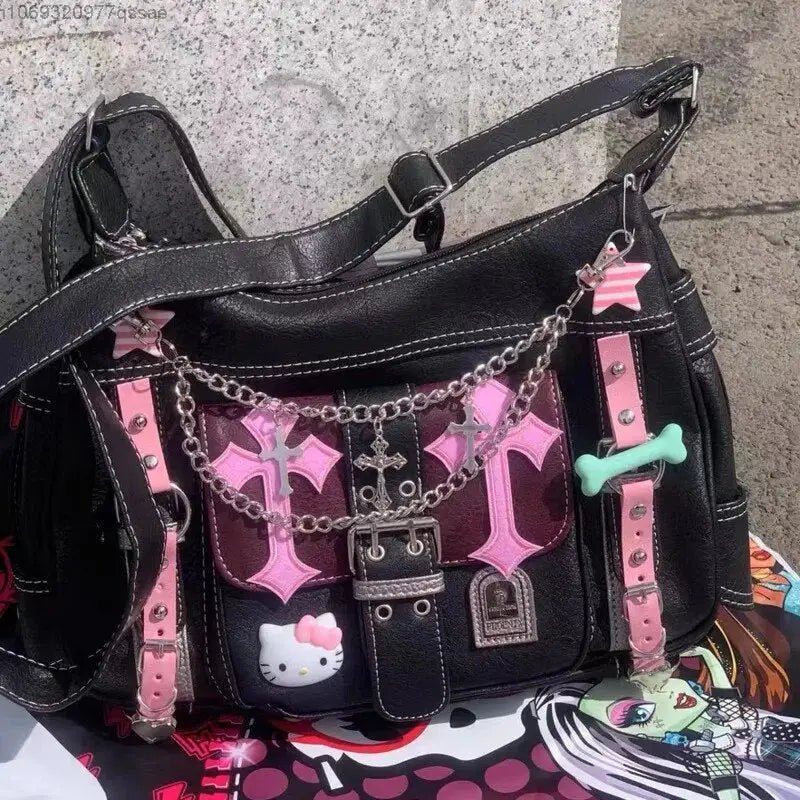 Pastel Goth Y2K Messenger Bag in Black and Pink Hues - Cosparty