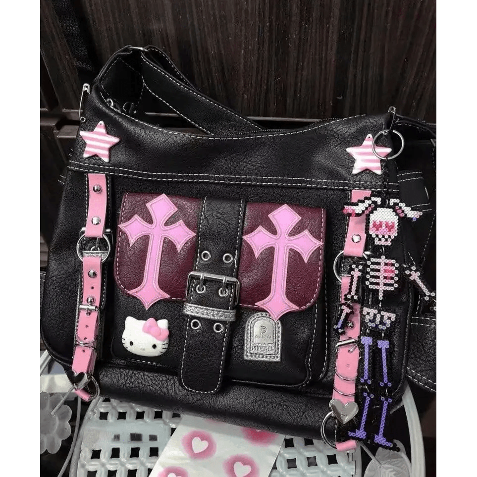Pastel Goth Y2K Messenger Bag in Black and Pink Hues - Cosparty
