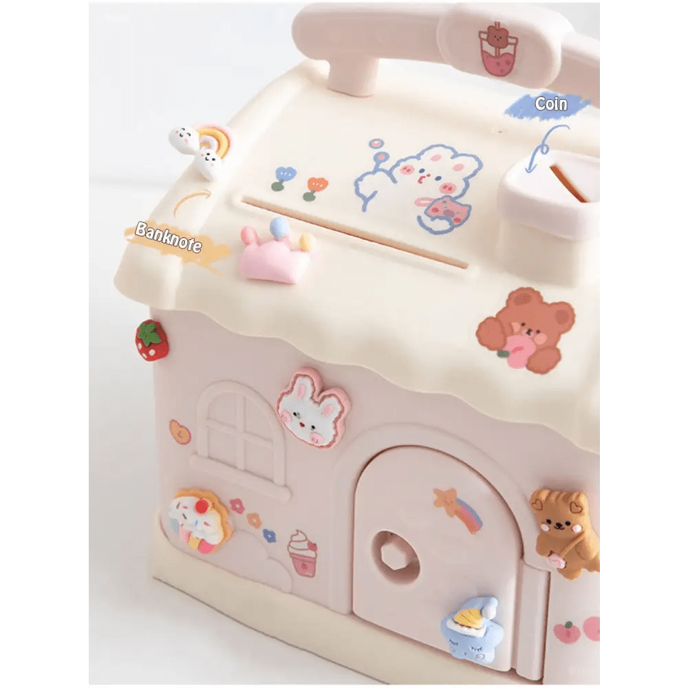 Pastel House Shaped Piggy Bank with Coin and Bill Slot - Cosparty