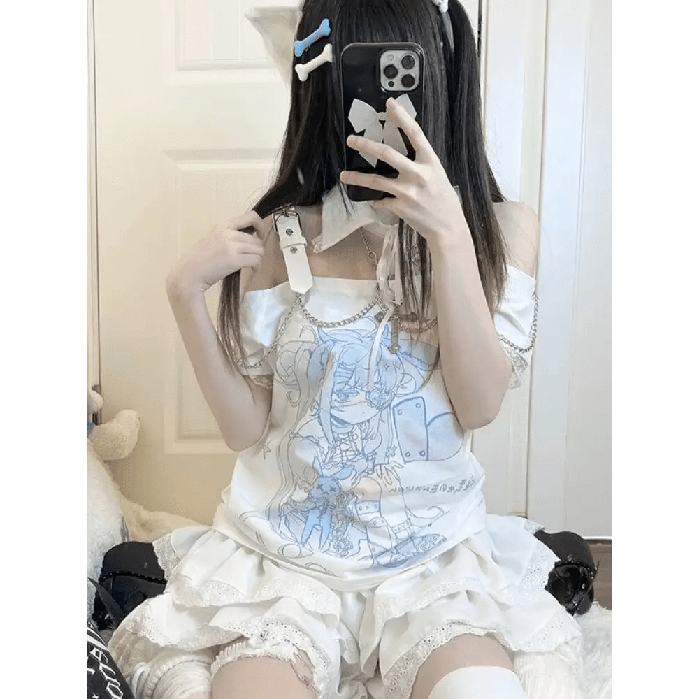 Pastel Menhera Off The Shoulder Tee for Kawaii Anime Lovers - Cosparty