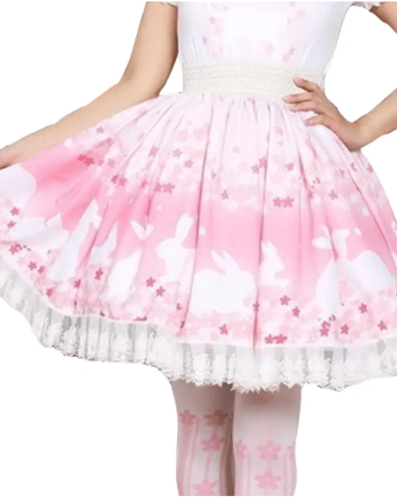 Pastel Pink Cherry Blossom Bunny Rabbit Lolita Skirt - Cosparty