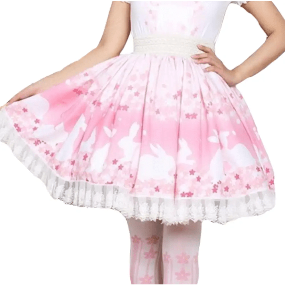 Pastel Pink Cherry Blossom Bunny Rabbit Lolita Skirt - Cosparty