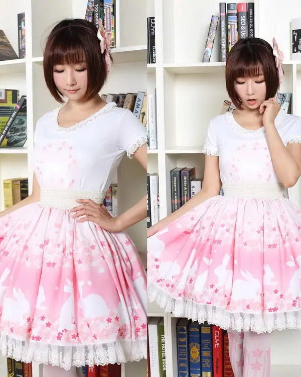 Pastel Pink Cherry Blossom Bunny Rabbit Lolita Skirt - Cosparty