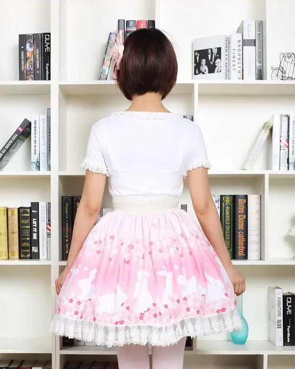 Pastel Pink Cherry Blossom Bunny Rabbit Lolita Skirt - Cosparty