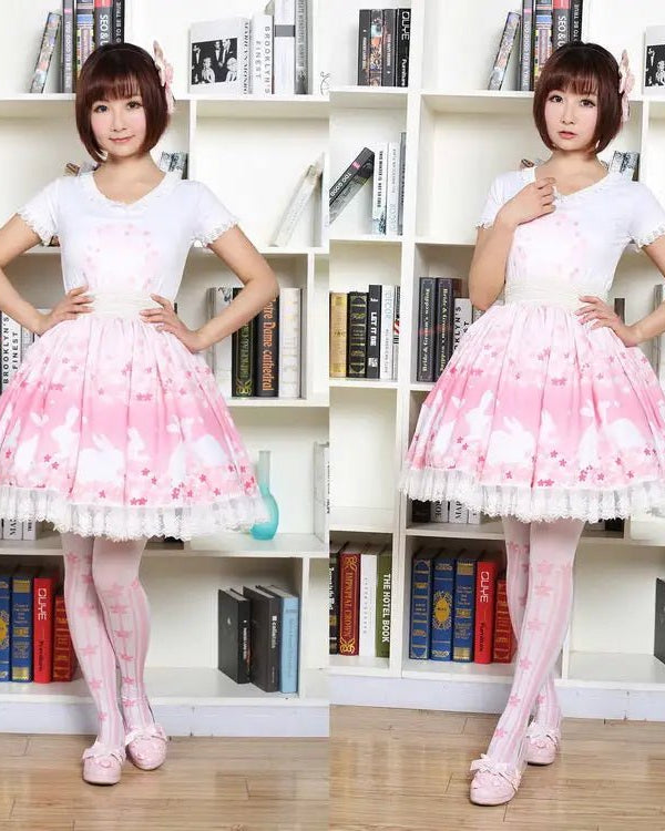 Pastel Pink Cherry Blossom Bunny Rabbit Lolita Skirt - Cosparty