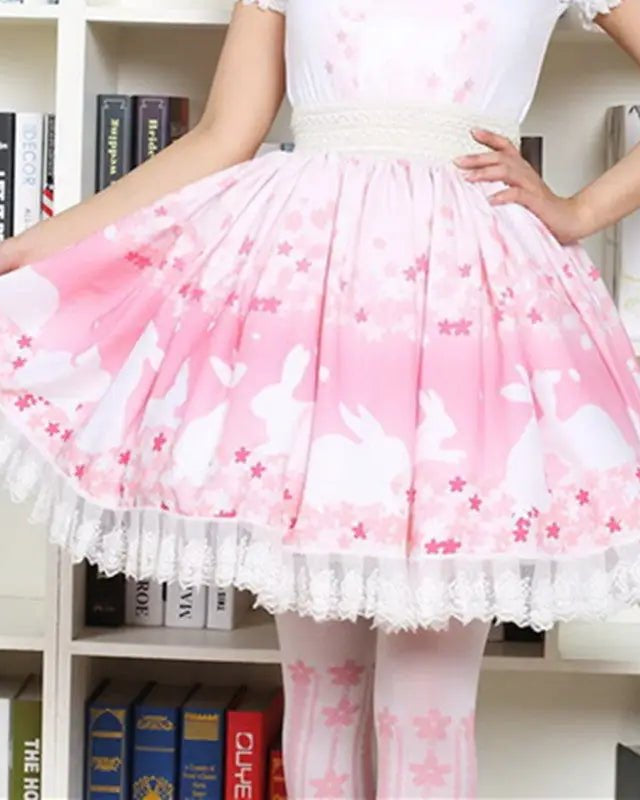 Pastel Pink Cherry Blossom Bunny Rabbit Lolita Skirt - Cosparty