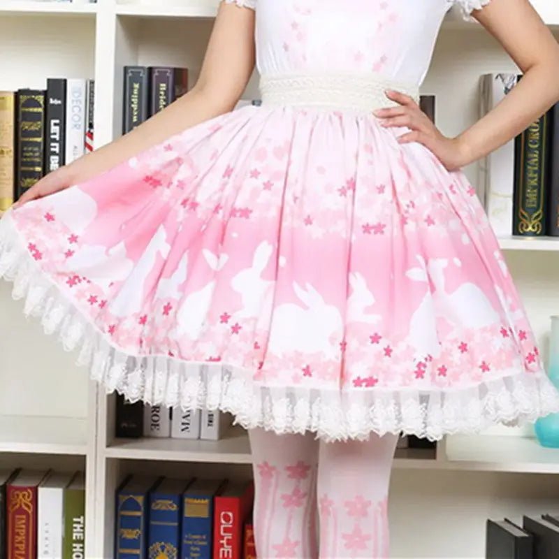 Pastel Pink Cherry Blossom Bunny Rabbit Lolita Skirt - Cosparty