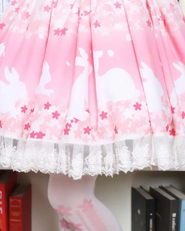 Pastel Pink Cherry Blossom Bunny Rabbit Lolita Skirt - Cosparty
