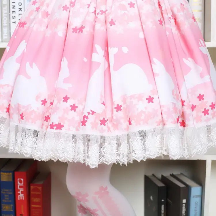 Pastel Pink Cherry Blossom Bunny Rabbit Lolita Skirt - Cosparty
